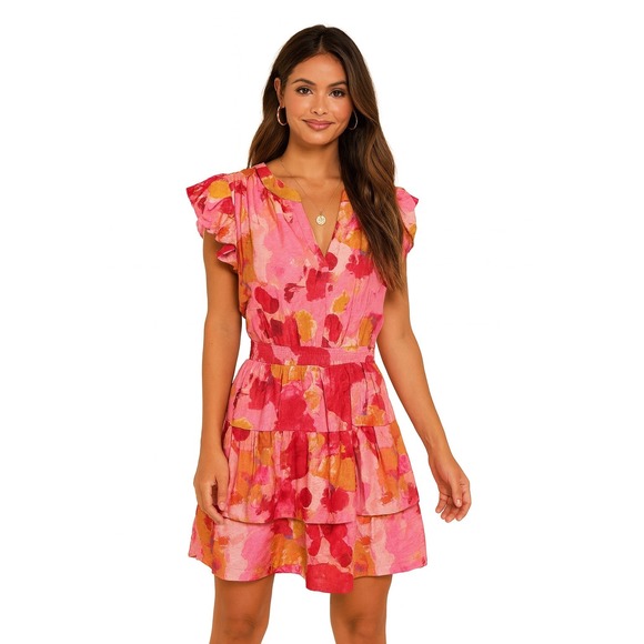 PINCH Women's Pink Gold Watercolor Ruffle Sleeve Tiered midi Dress Cinched Waist - Picture 1 of 7